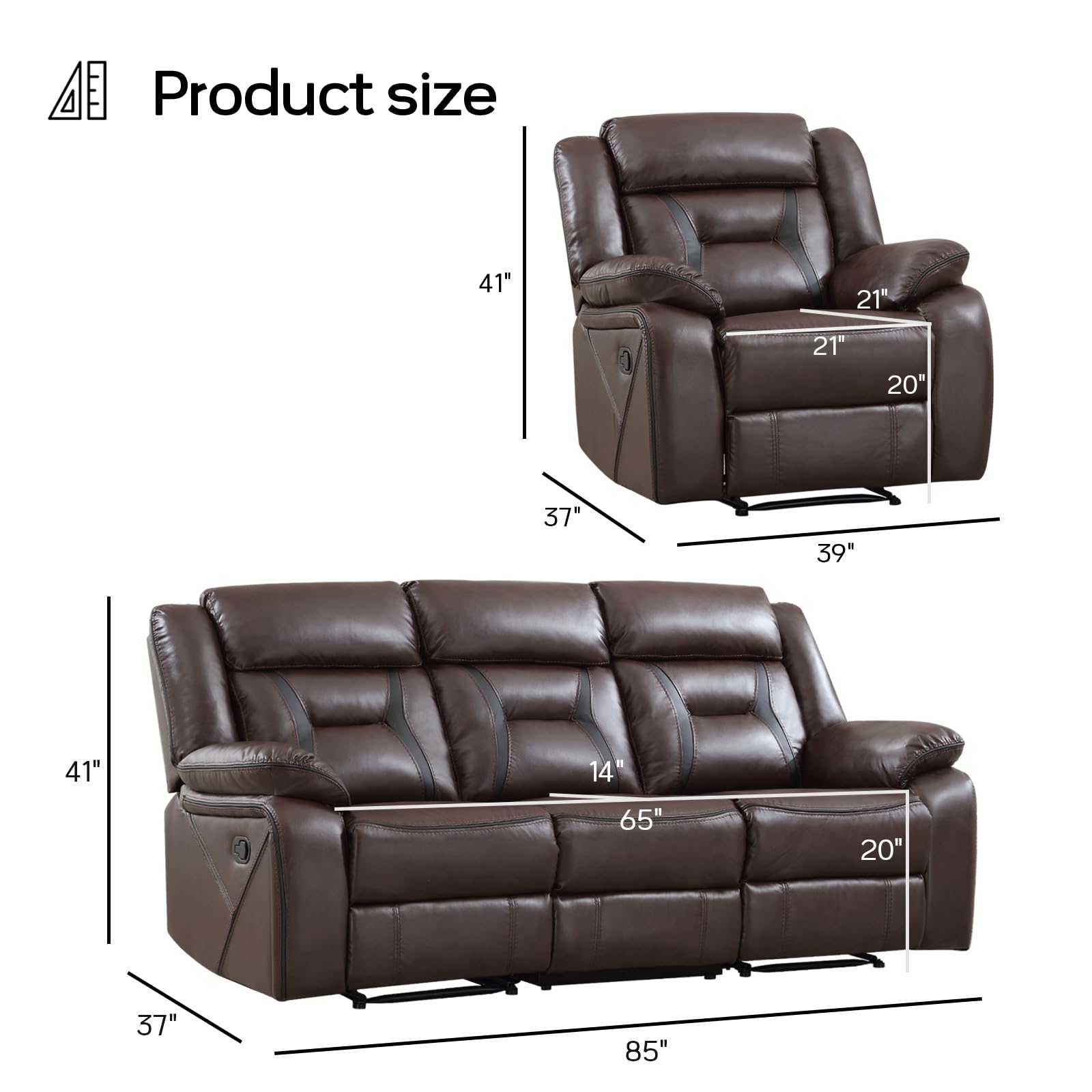 EBELLO Faux Leather Recliner Sofa Furniture Set for Living Room, 2 Recliner Chairs, 3 Seat Reclining Sofa Couch Set for Meeting Room, Brown Gronata