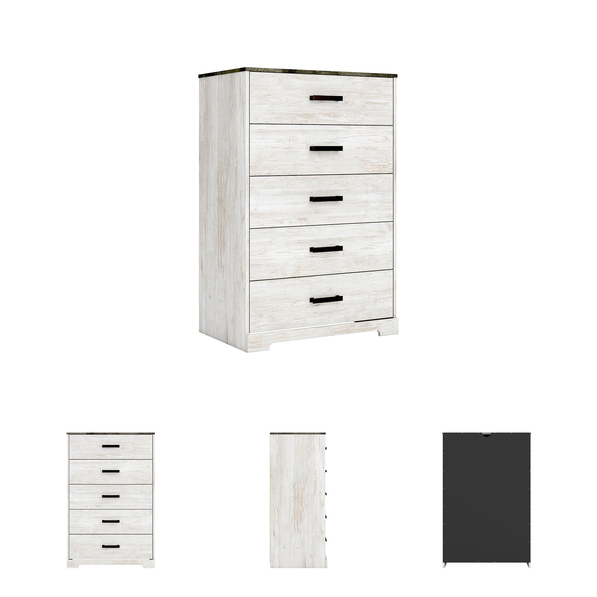 Signature Design by Ashley Shawburn Rustic 5 Drawer Chest of Smooth-Gliding Drawers and Safety Stop, White & Gray Gronata