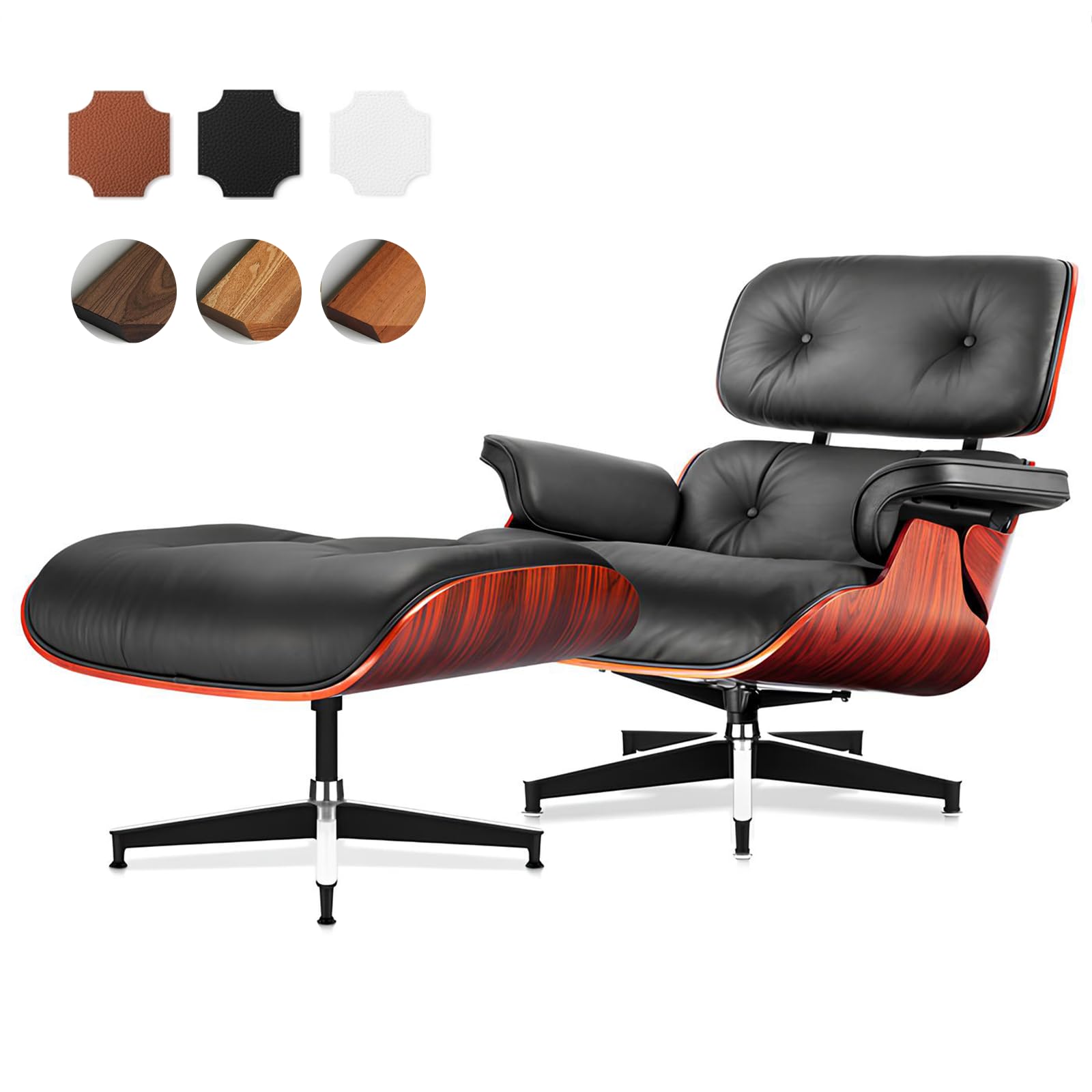 Asukale Top Grain Leather, Mid Century Chaise Lounge Chair and Ottoman, Modern Chair Classic Design, Heavy Duty Base Support for Living Room Study Lounge Office, Palisander-White Gronata
