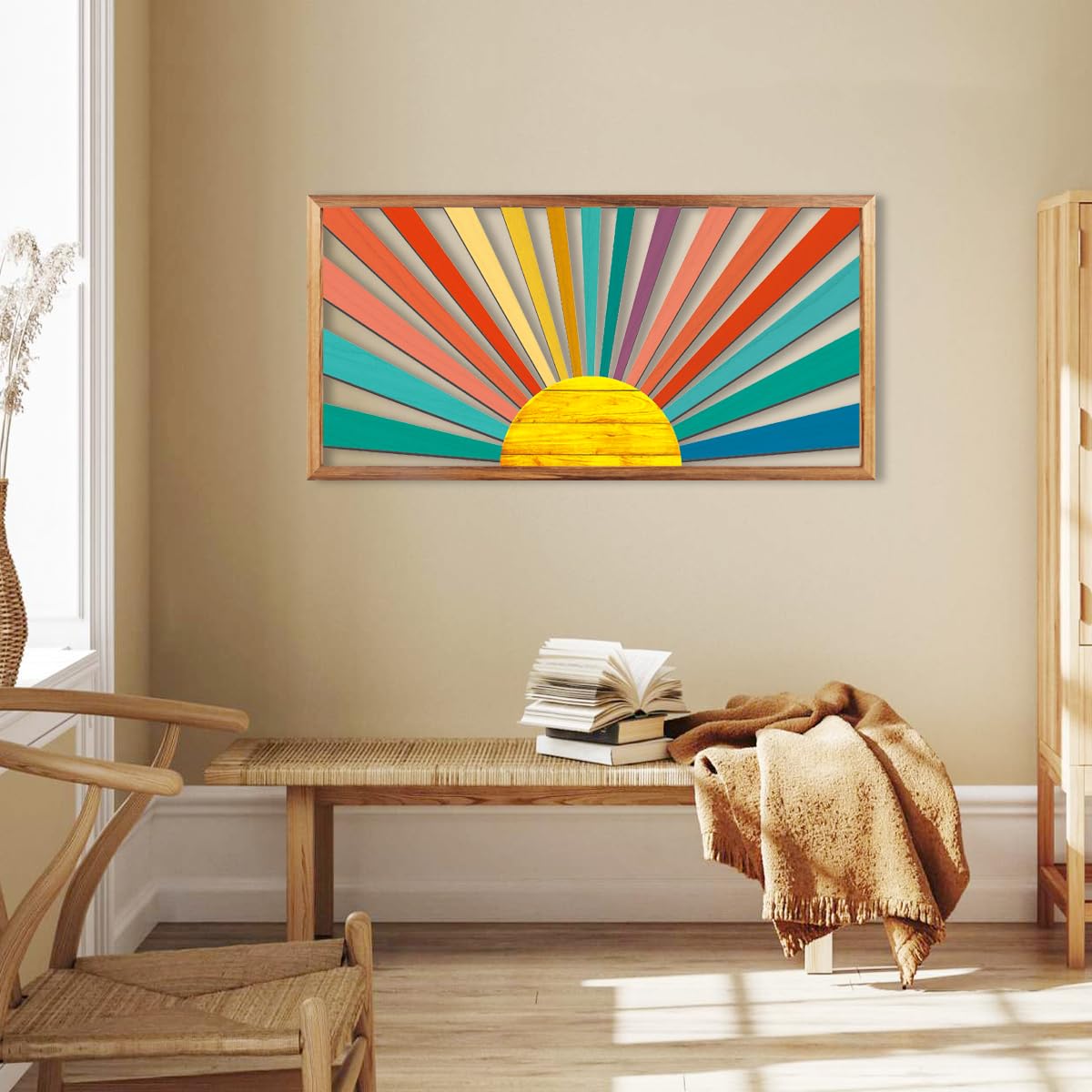 IARTTOP Large Boho Mid-century Modern Wood Wall Art 16x32 Inch Framed Green Abstract Leaf Wooden Wall Decor Bohemian Minimalist Geometric Wall Art Decor for Bedroom Living Room Office Set of 3 Gronata