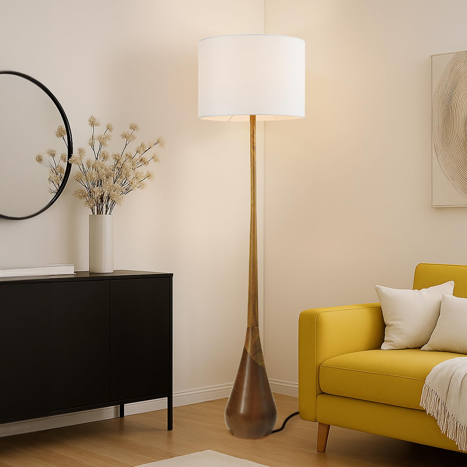 Globe Electric Novogratz x Globe Harrington 65" Floor Lamp, 2-Tone Faux Wood Base, White Fabric Shade, Socket Rotary Switch 67225 Gronata