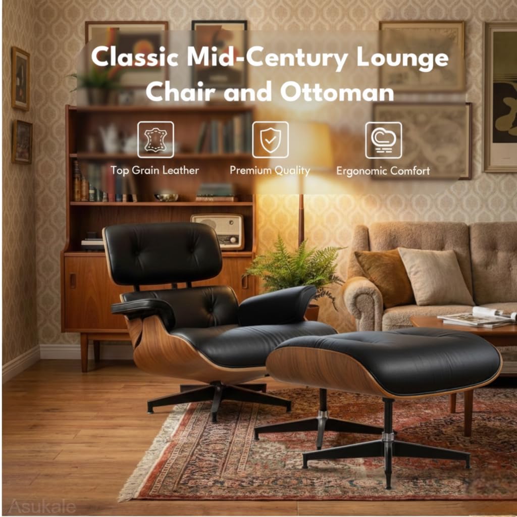 Asukale Top Grain Leather, Mid Century Chaise Lounge Chair and Ottoman, Modern Chair Classic Design, Heavy Duty Base Support for Living Room Study Lounge Office, Palisander-White Gronata