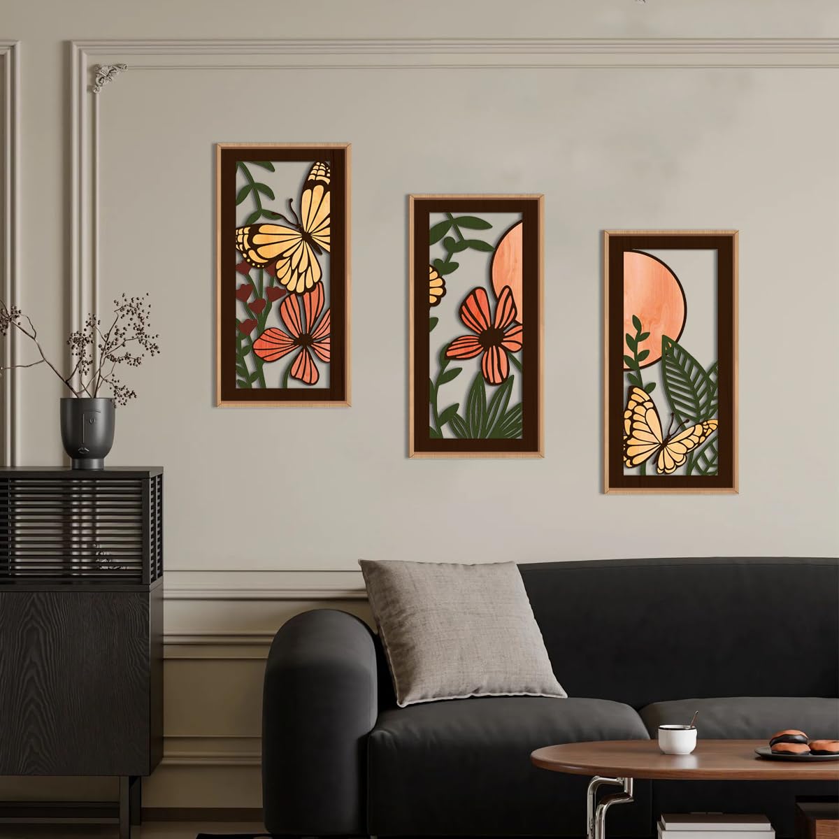 IARTTOP Large Boho Mid-century Modern Wood Wall Art 16x32 Inch Framed Green Abstract Leaf Wooden Wall Decor Bohemian Minimalist Geometric Wall Art Decor for Bedroom Living Room Office Set of 3 Gronata