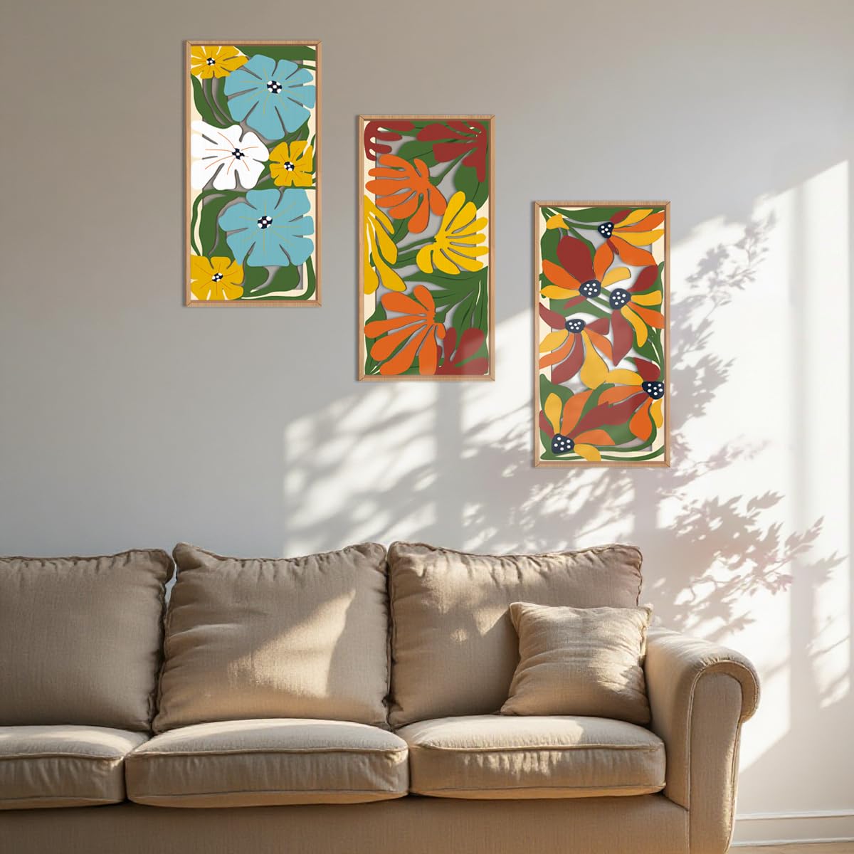 IARTTOP Large Boho Mid-century Modern Wood Wall Art 16x32 Inch Framed Green Abstract Leaf Wooden Wall Decor Bohemian Minimalist Geometric Wall Art Decor for Bedroom Living Room Office Set of 3 Gronata