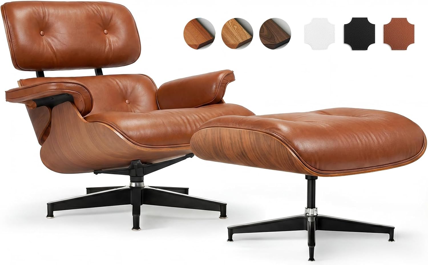 Asukale Top Grain Leather, Mid Century Chaise Lounge Chair and Ottoman, Modern Chair Classic Design, Heavy Duty Base Support for Living Room Study Lounge Office, Palisander-White Gronata