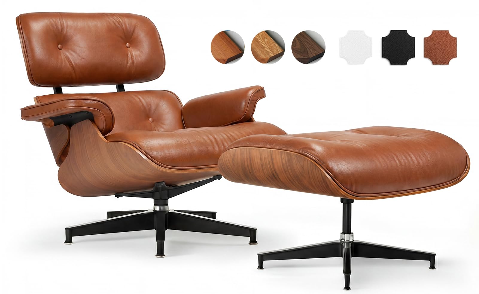 Asukale Top Grain Leather, Mid Century Chaise Lounge Chair and Ottoman, Modern Chair Classic Design, Heavy Duty Base Support for Living Room Study Lounge Office, Palisander-White Gronata