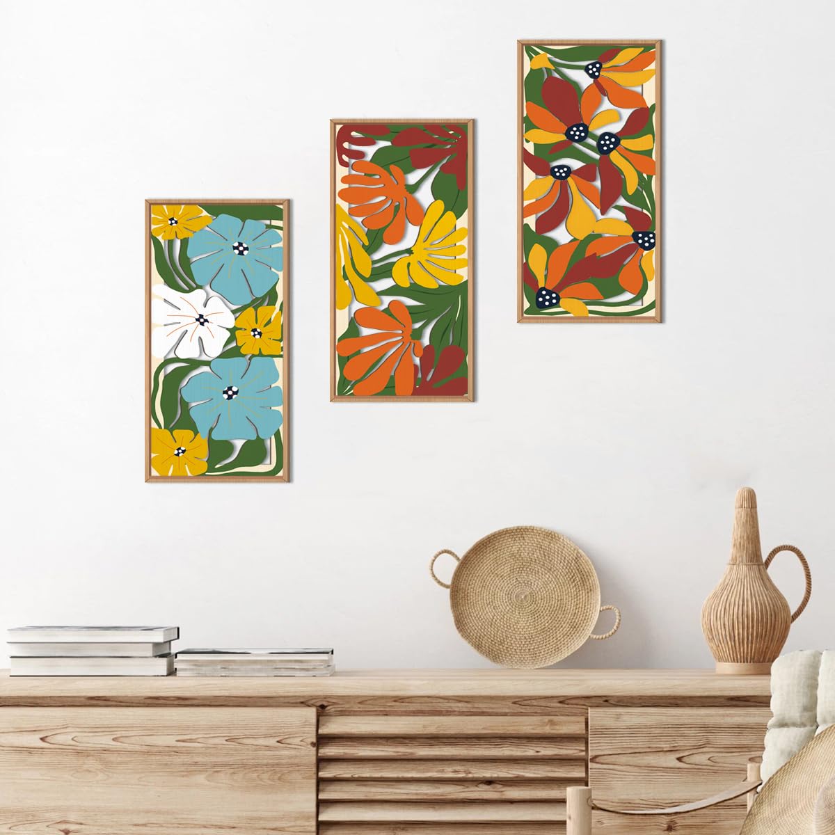 IARTTOP Large Boho Mid-century Modern Wood Wall Art 16x32 Inch Framed Green Abstract Leaf Wooden Wall Decor Bohemian Minimalist Geometric Wall Art Decor for Bedroom Living Room Office Set of 3 Gronata