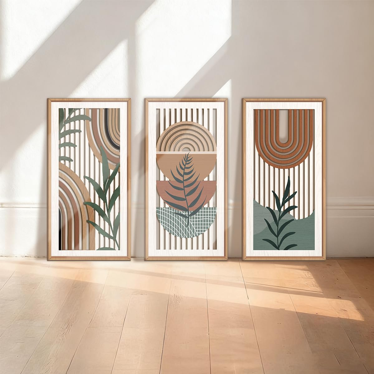 IARTTOP Large Boho Mid-century Modern Wood Wall Art 16x32 Inch Framed Green Abstract Leaf Wooden Wall Decor Bohemian Minimalist Geometric Wall Art Decor for Bedroom Living Room Office Set of 3 Gronata