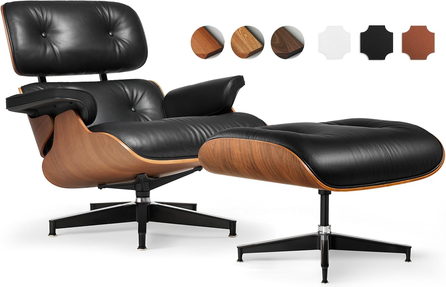 Asukale Top Grain Leather, Mid Century Chaise Lounge Chair and Ottoman, Modern Chair Classic Design, Heavy Duty Base Support for Living Room Study Lounge Office, Palisander-White Gronata