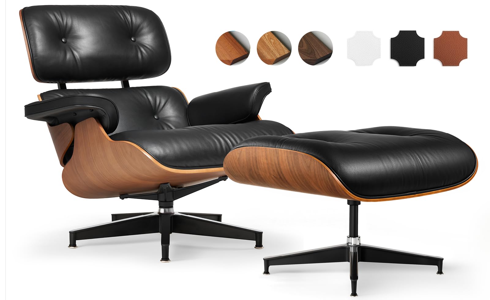 Asukale Top Grain Leather, Mid Century Chaise Lounge Chair and Ottoman, Modern Chair Classic Design, Heavy Duty Base Support for Living Room Study Lounge Office, Palisander-White Gronata