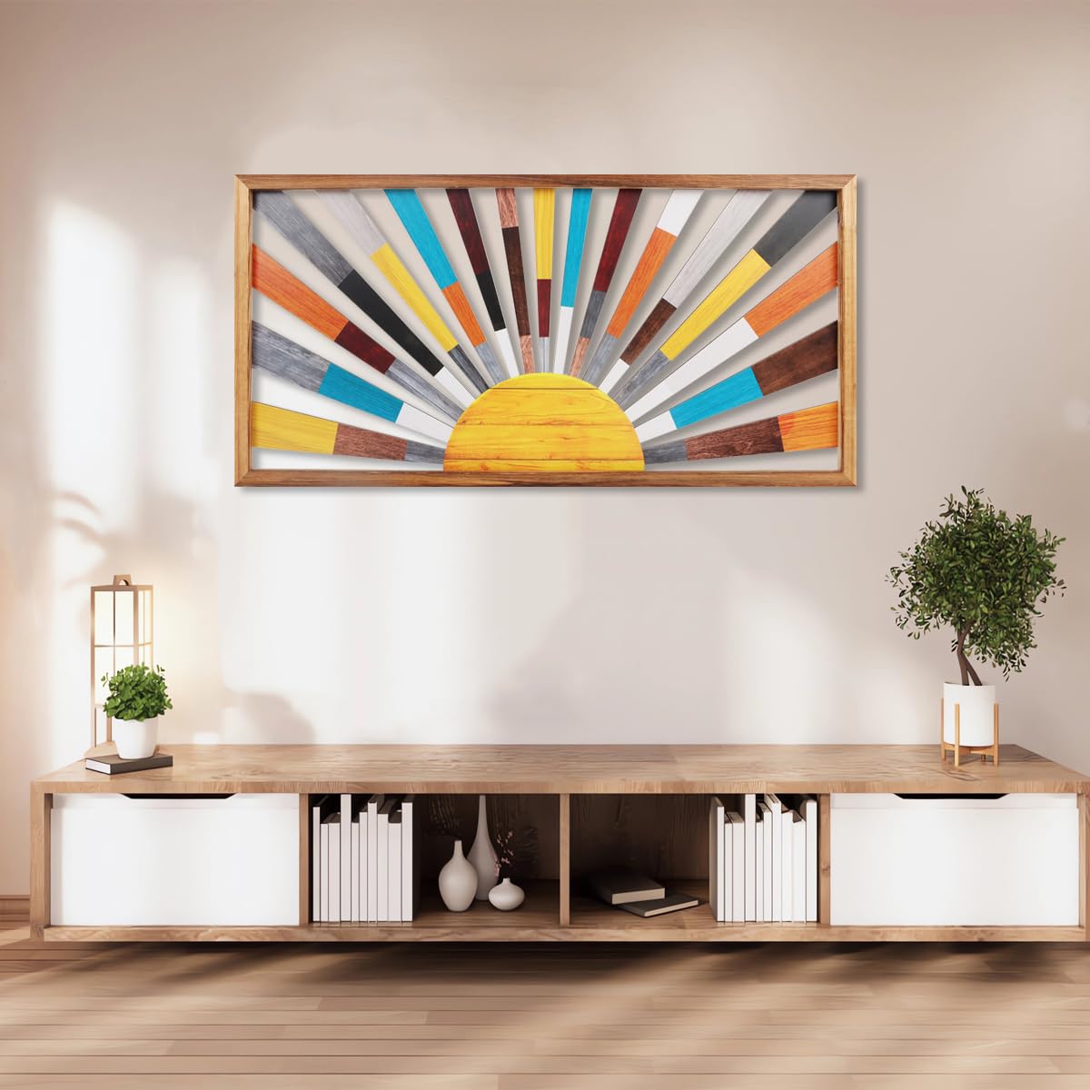 IARTTOP Large Boho Mid-century Modern Wood Wall Art 16x32 Inch Framed Green Abstract Leaf Wooden Wall Decor Bohemian Minimalist Geometric Wall Art Decor for Bedroom Living Room Office Set of 3 Gronata