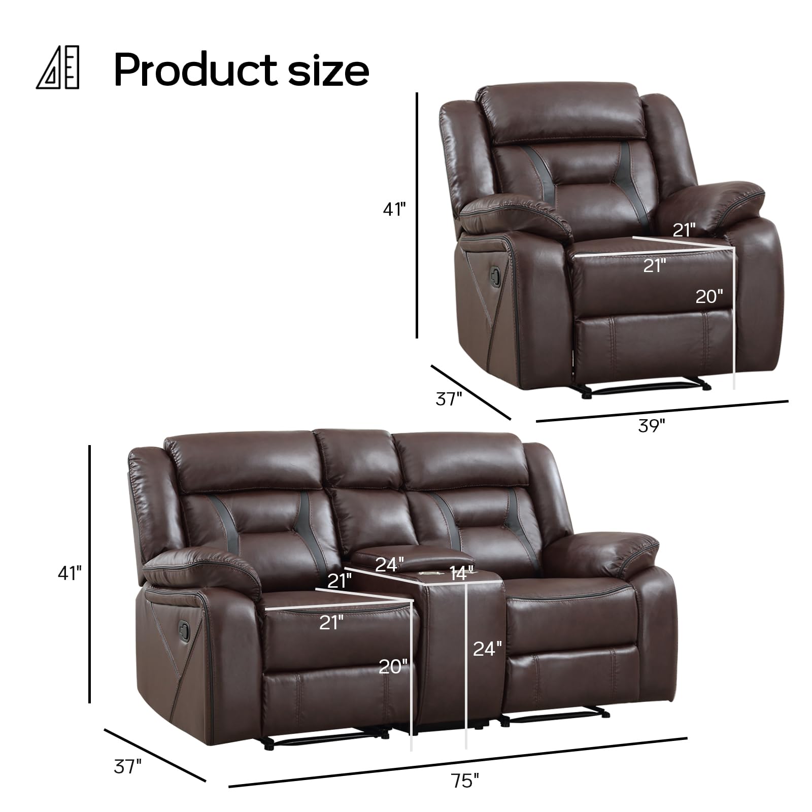 EBELLO Faux Leather Recliner Sofa Furniture Set for Living Room, 2 Recliner Chairs, 3 Seat Reclining Sofa Couch Set for Meeting Room, Brown Gronata