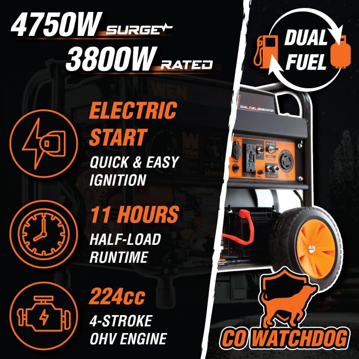WEN 4,750-Watt 120V/240V Dual Fuel Portable Generator with Wheel Kit and Electric Start (DF475T) Gronata