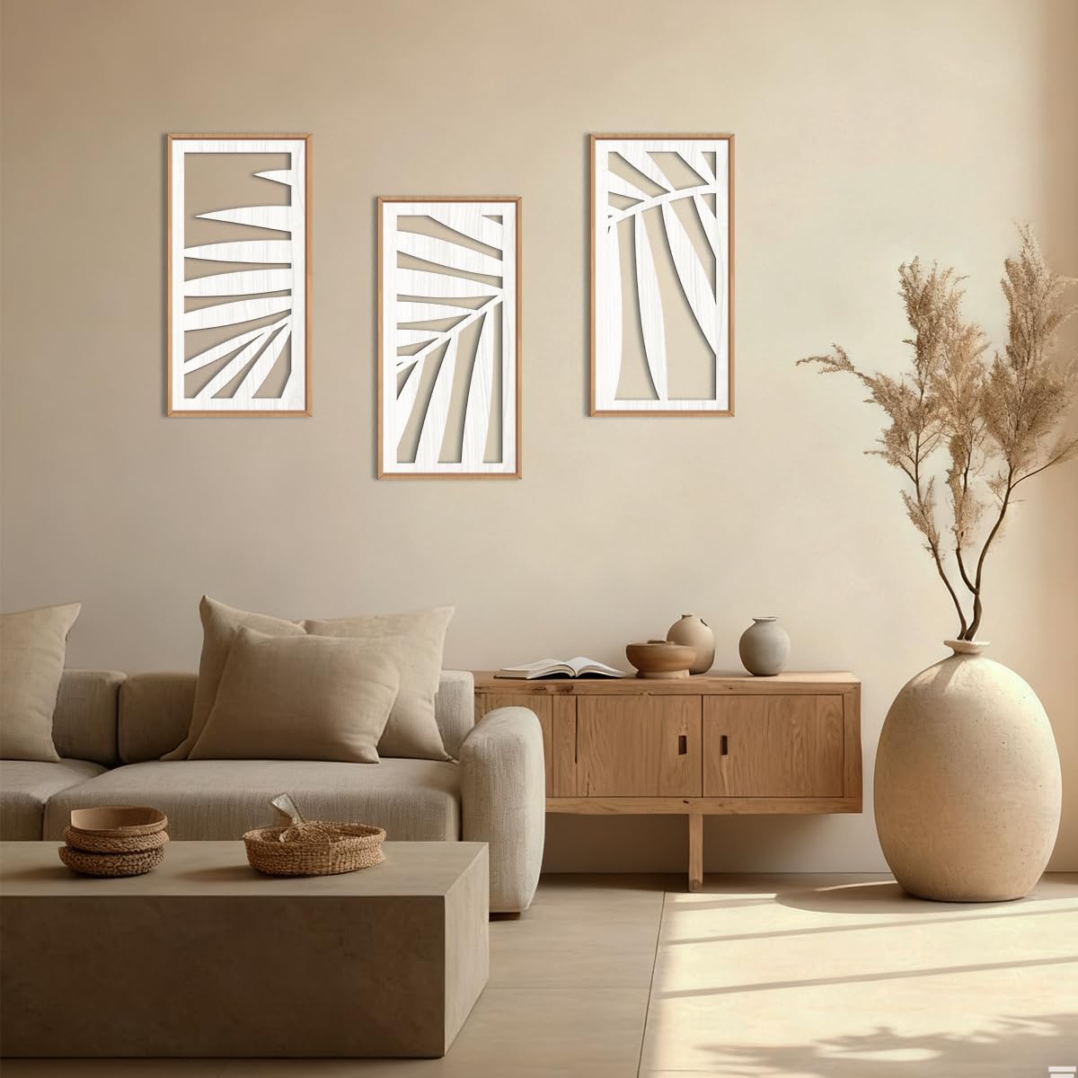 IARTTOP Large Boho Mid-century Modern Wood Wall Art 16x32 Inch Framed Green Abstract Leaf Wooden Wall Decor Bohemian Minimalist Geometric Wall Art Decor for Bedroom Living Room Office Set of 3 Gronata