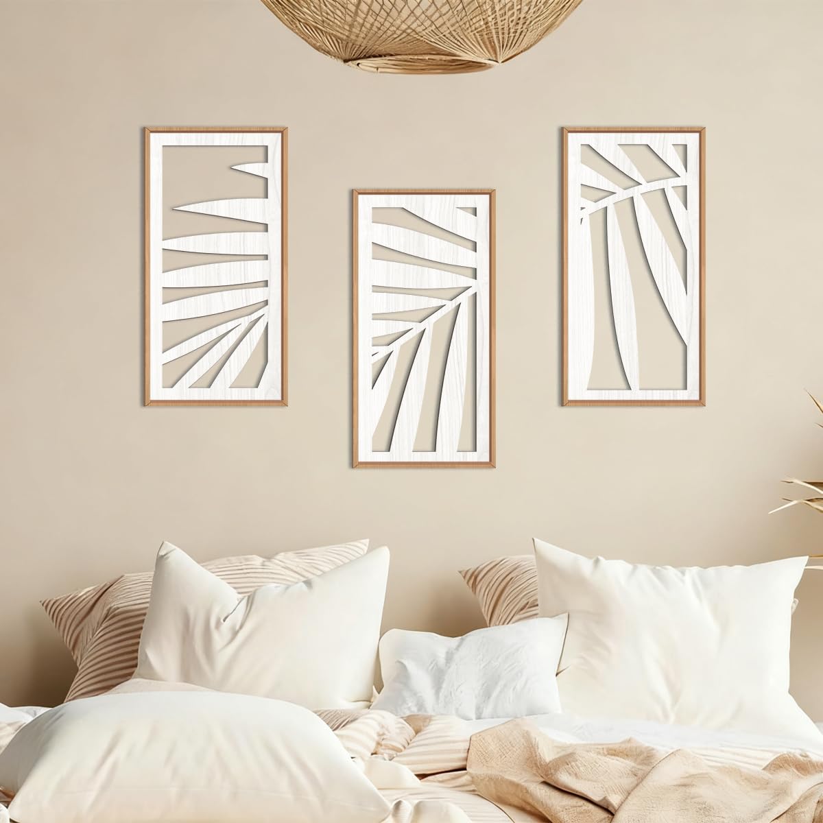 IARTTOP Large Boho Mid-century Modern Wood Wall Art 16x32 Inch Framed Green Abstract Leaf Wooden Wall Decor Bohemian Minimalist Geometric Wall Art Decor for Bedroom Living Room Office Set of 3 Gronata