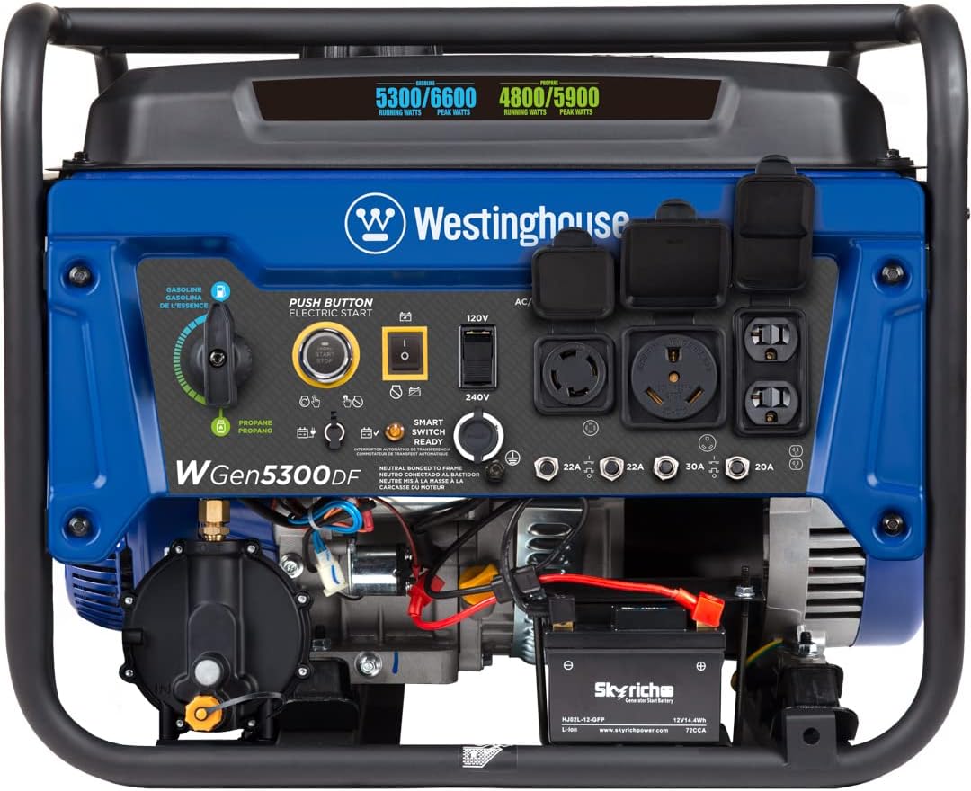 Westinghouse WGen5300DF Dual Fuel Home Backup Portable Generator, 6600 Watts, Remote Electric Start with Auto Choke, Transfer Switch Ready, RV Ready Gronata
