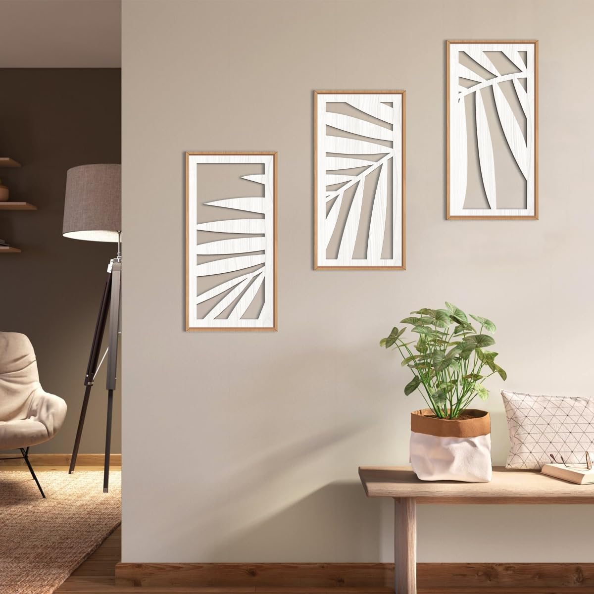 IARTTOP Large Boho Mid-century Modern Wood Wall Art 16x32 Inch Framed Green Abstract Leaf Wooden Wall Decor Bohemian Minimalist Geometric Wall Art Decor for Bedroom Living Room Office Set of 3 Gronata