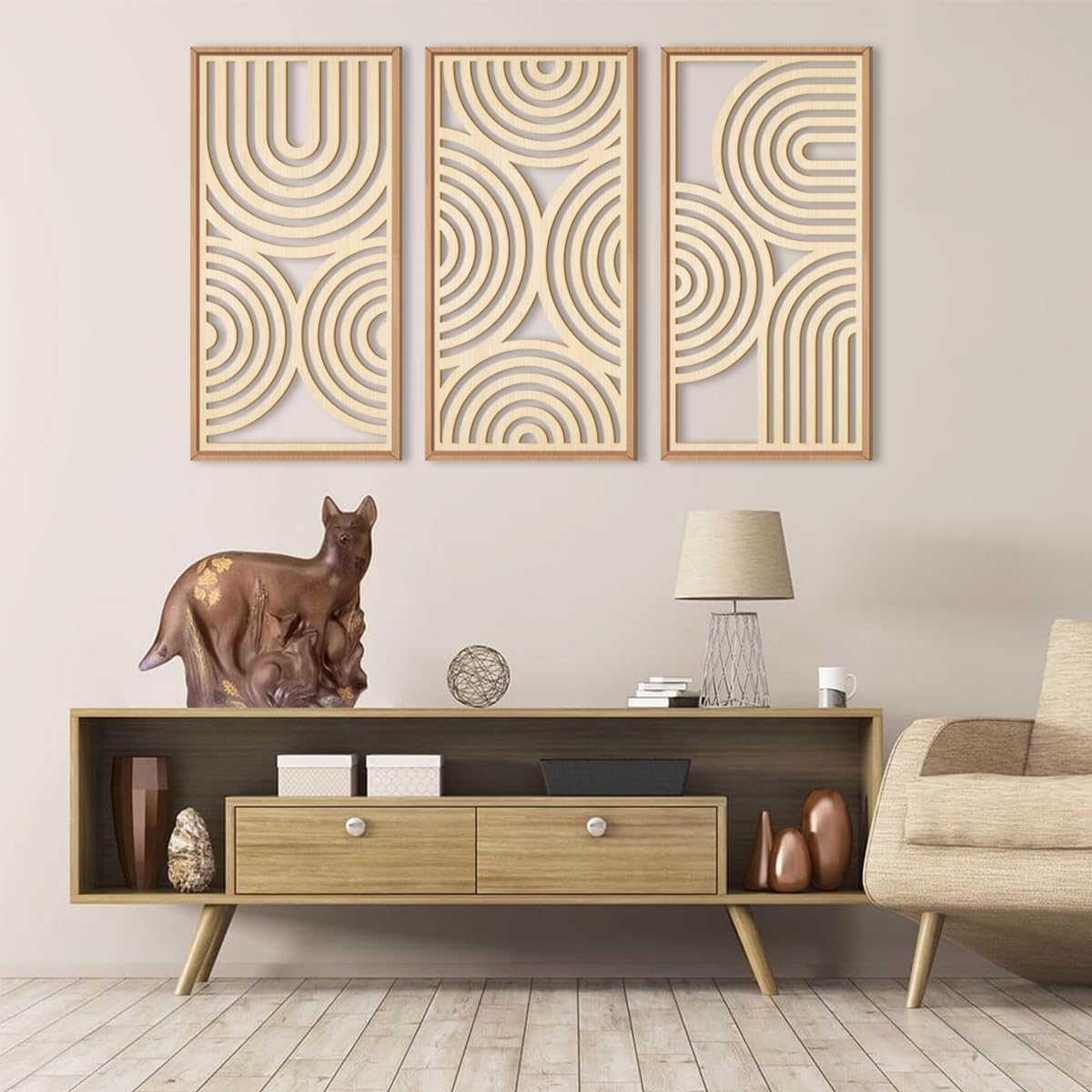 IARTTOP Large Boho Mid-century Modern Wood Wall Art 16x32 Inch Framed Green Abstract Leaf Wooden Wall Decor Bohemian Minimalist Geometric Wall Art Decor for Bedroom Living Room Office Set of 3 Gronata