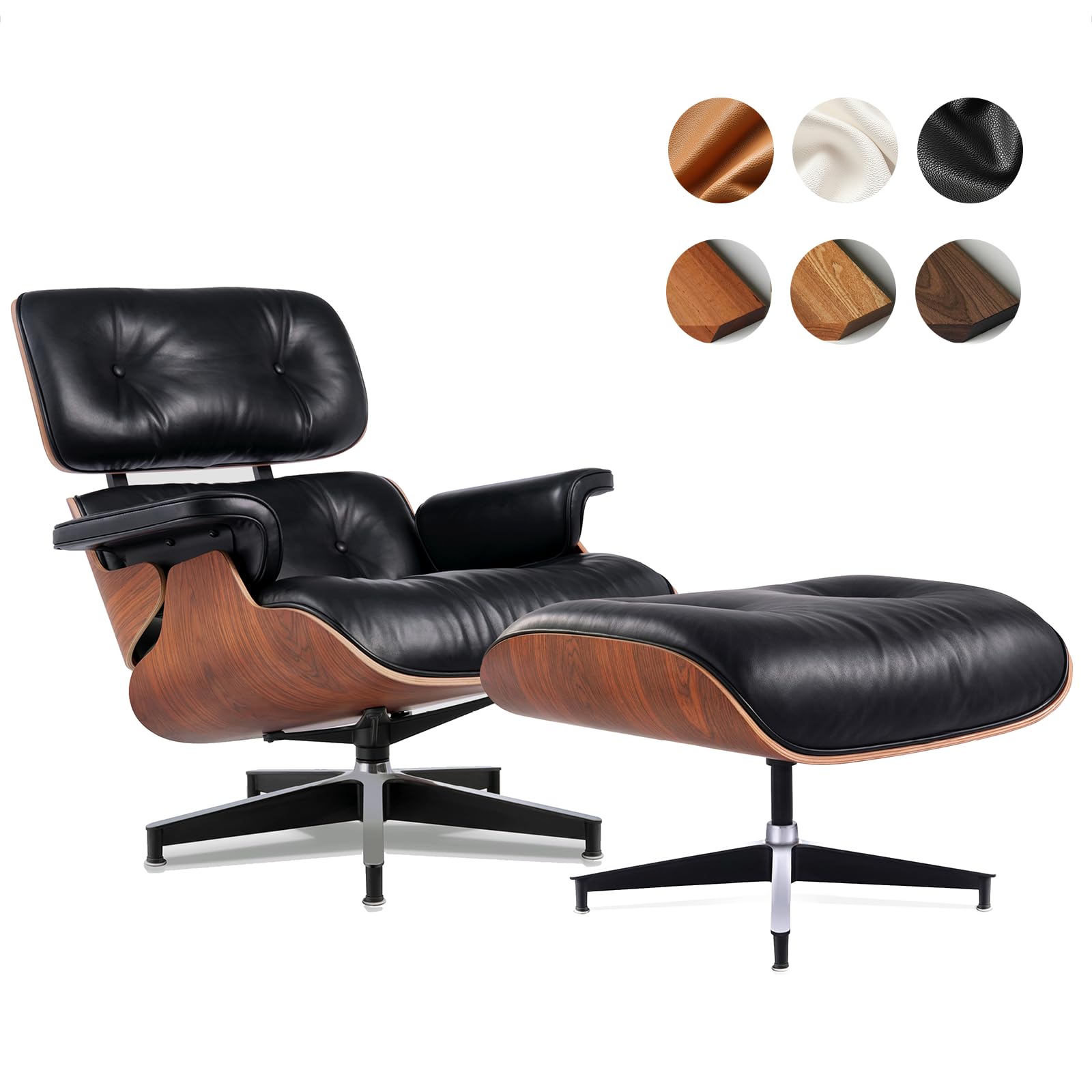 Asukale Top Grain Leather, Mid Century Chaise Lounge Chair and Ottoman, Modern Chair Classic Design, Heavy Duty Base Support for Living Room Study Lounge Office, Palisander-White Gronata