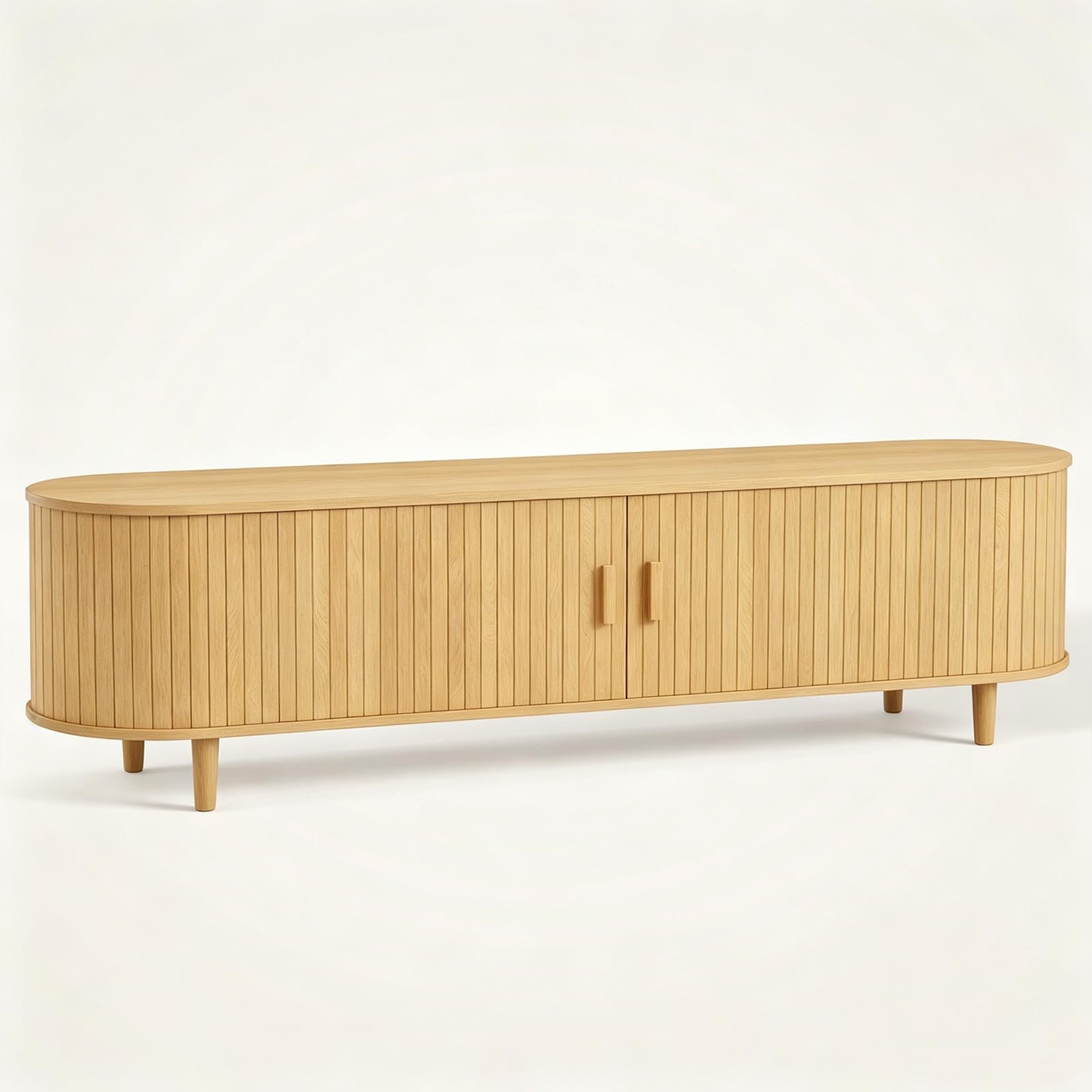 OneBlis 70" Mid Century Modern TV Stand, Wood TV Consoles with Sliding Doors and Power Outlet, Entertainment Center with Adjustable Shelves, Fluted TV Stands for Living Room, Walnut Gronata