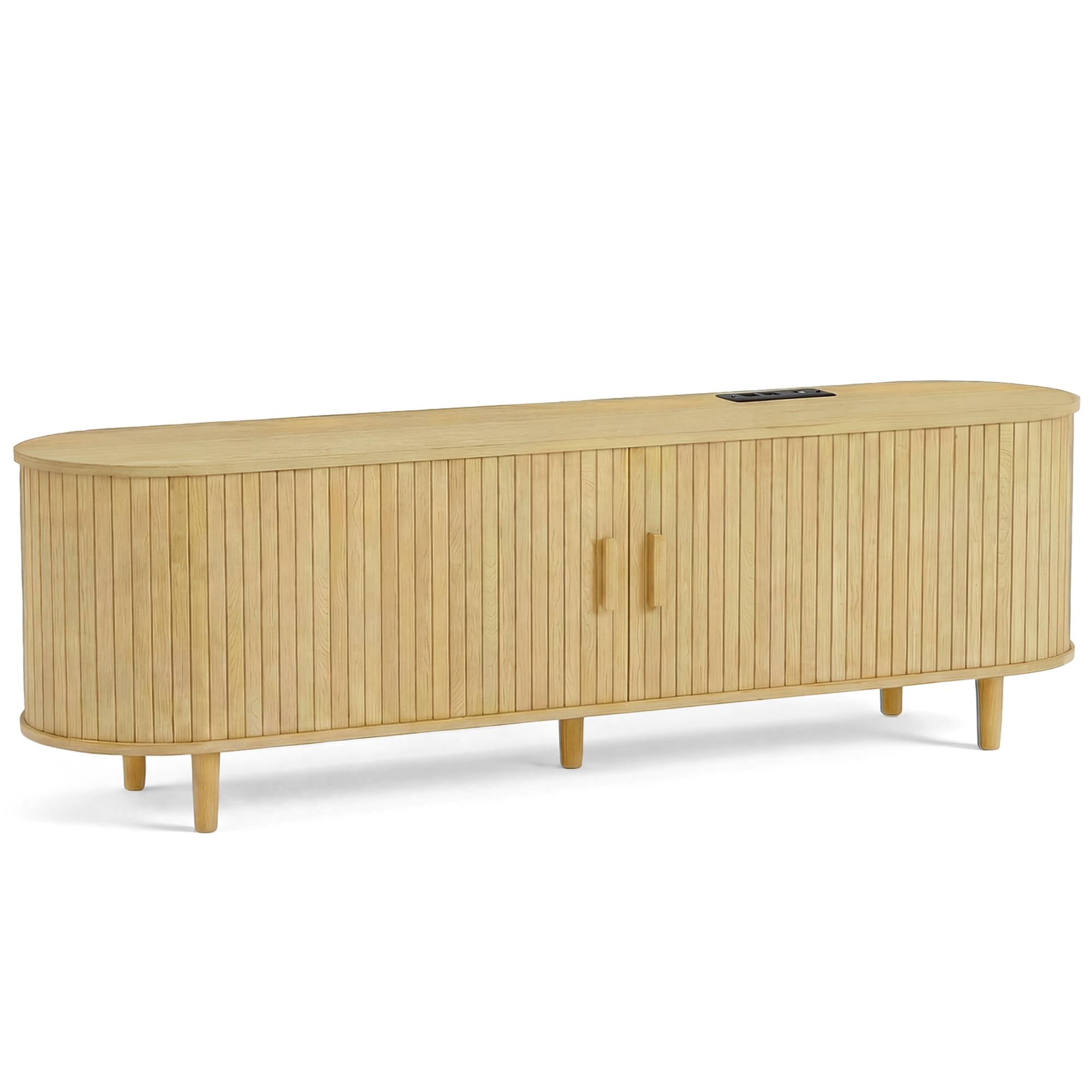 OneBlis 70" Mid Century Modern TV Stand, Wood TV Consoles with Sliding Doors and Power Outlet, Entertainment Center with Adjustable Shelves, Fluted TV Stands for Living Room, Walnut Gronata