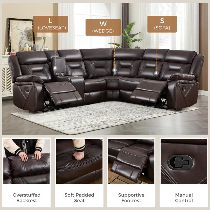 EBELLO Faux Leather Recliner Sofa Furniture Set for Living Room, 2 Recliner Chairs, 3 Seat Reclining Sofa Couch Set for Meeting Room, Brown Gronata