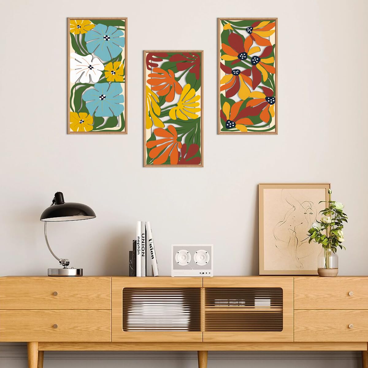 IARTTOP Large Boho Mid-century Modern Wood Wall Art 16x32 Inch Framed Green Abstract Leaf Wooden Wall Decor Bohemian Minimalist Geometric Wall Art Decor for Bedroom Living Room Office Set of 3 Gronata
