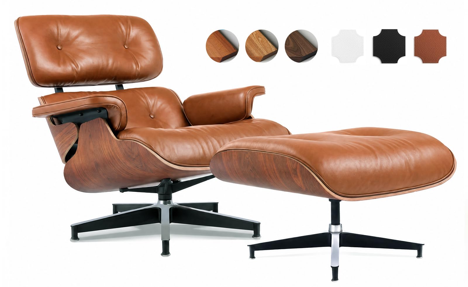 Asukale Top Grain Leather, Mid Century Chaise Lounge Chair and Ottoman, Modern Chair Classic Design, Heavy Duty Base Support for Living Room Study Lounge Office, Palisander-White Gronata