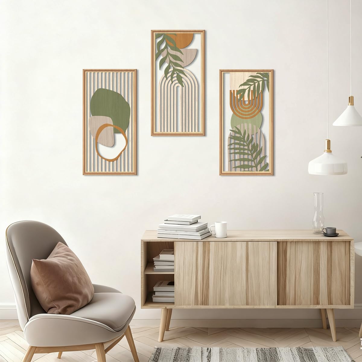 IARTTOP Large Boho Mid-century Modern Wood Wall Art 16x32 Inch Framed Green Abstract Leaf Wooden Wall Decor Bohemian Minimalist Geometric Wall Art Decor for Bedroom Living Room Office Set of 3 Gronata