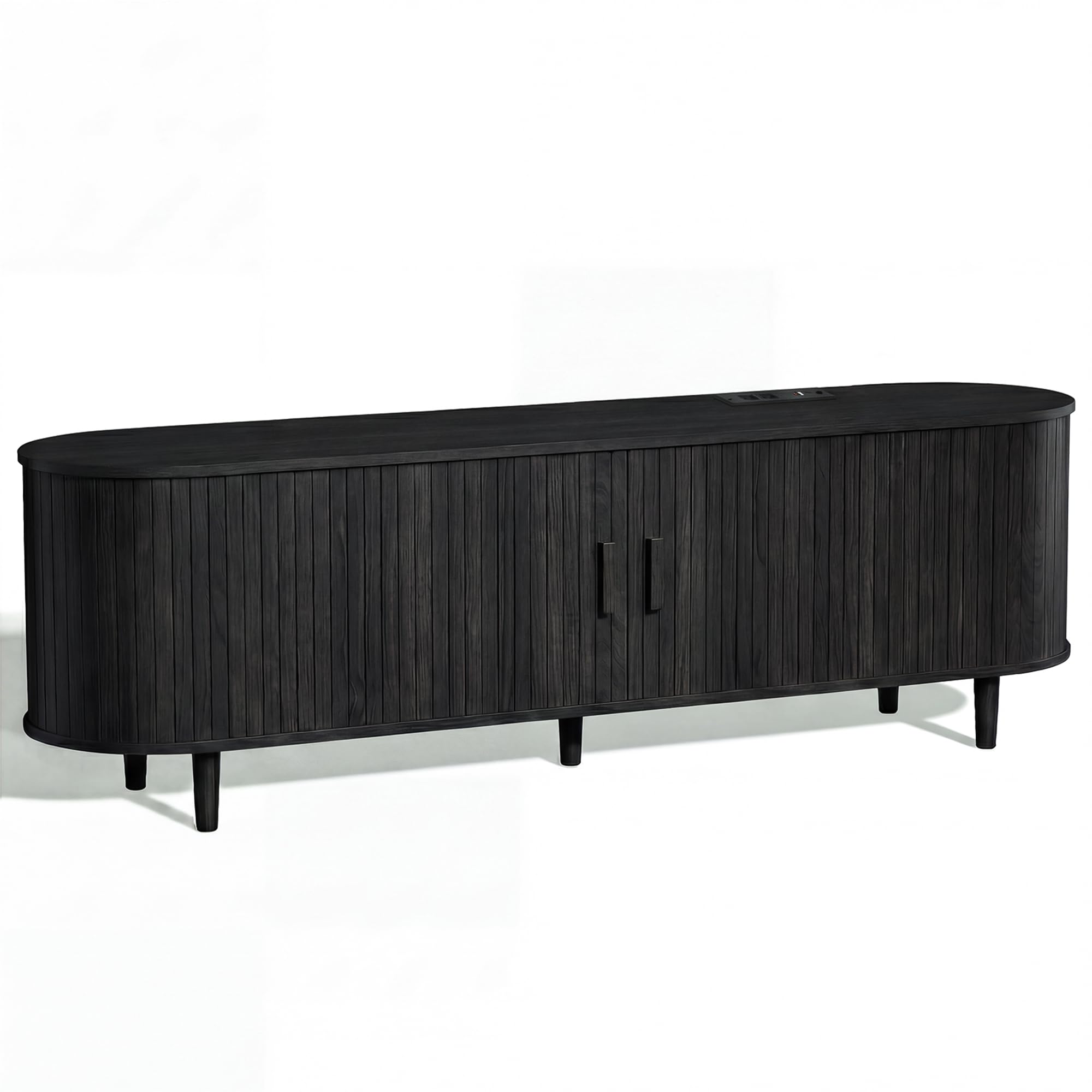 OneBlis 70" Mid Century Modern TV Stand, Wood TV Consoles with Sliding Doors and Power Outlet, Entertainment Center with Adjustable Shelves, Fluted TV Stands for Living Room, Walnut Gronata