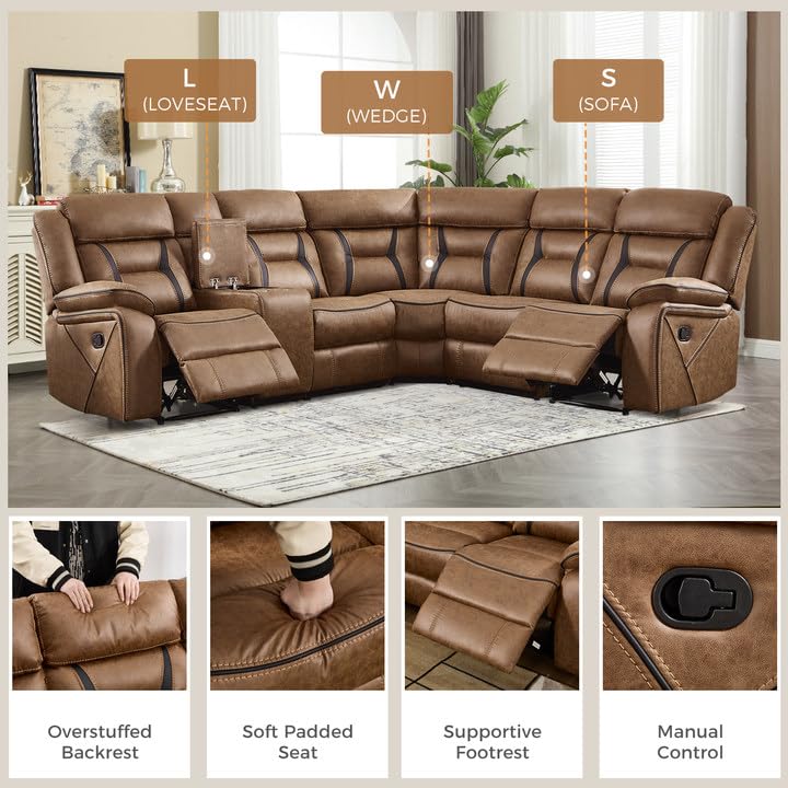 EBELLO Faux Leather Recliner Sofa Furniture Set for Living Room, 2 Recliner Chairs, 3 Seat Reclining Sofa Couch Set for Meeting Room, Brown Gronata