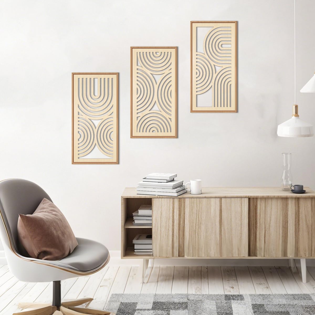 IARTTOP Large Boho Mid-century Modern Wood Wall Art 16x32 Inch Framed Green Abstract Leaf Wooden Wall Decor Bohemian Minimalist Geometric Wall Art Decor for Bedroom Living Room Office Set of 3 Gronata