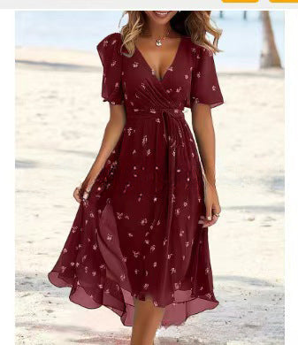 Flowers Printed V-neck Dress Summer A-line Short-sleeved Dresses For Women Gronata