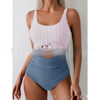 One-piece Female Stitching Contrast Color Strap Covered Belly Swimsuit Gronata