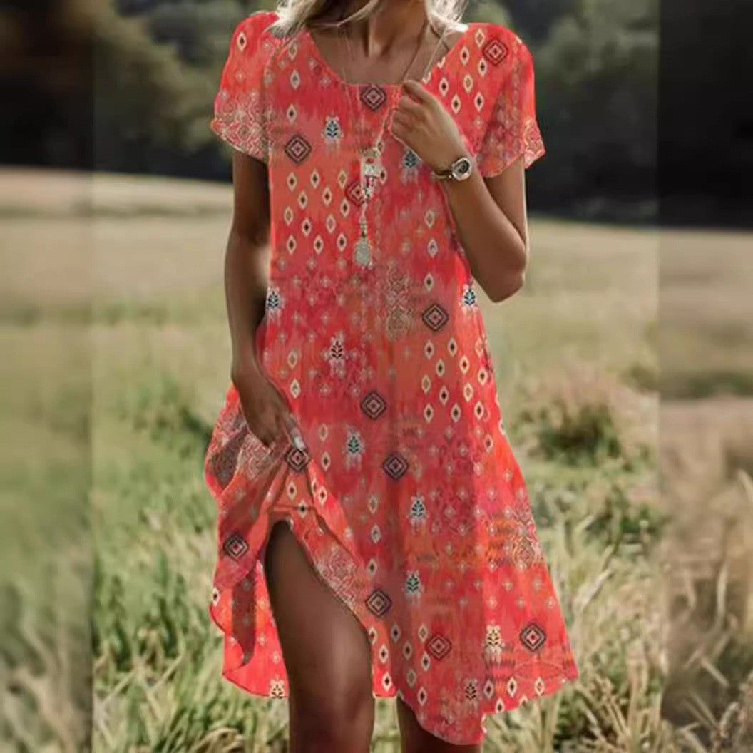 Women's Artistic Ethnic Style Scoop Mid-length Dress Gronata