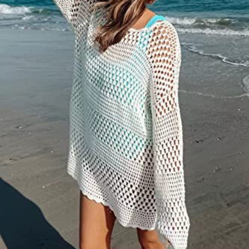 Woven Round Neck Hollow Beach Cover-up Loose Casual Sweater Gronata