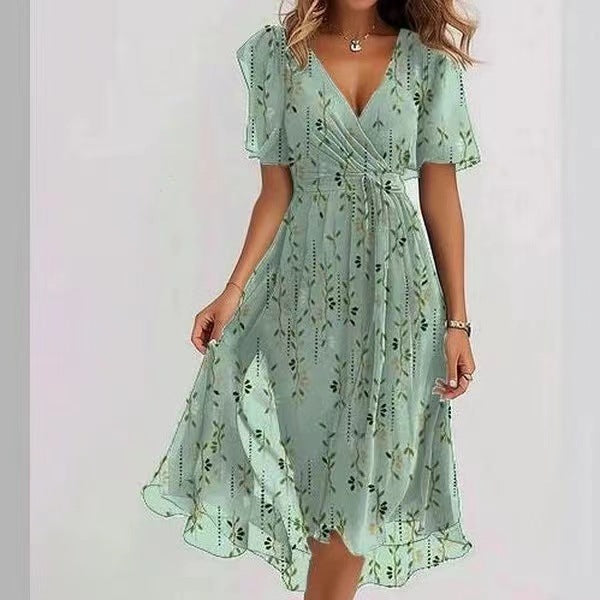 Chiffon Printed Short Sleeve Dress Summer Elegant V-neck Dresses Womens Clothing Gronata