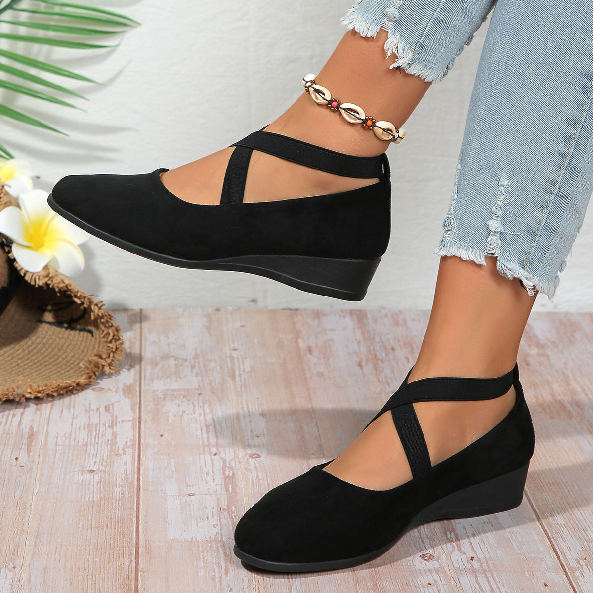Women's Pointed Toe Wedges Shoes Fashion Cross-straped Flats Casual Pumps Gronata