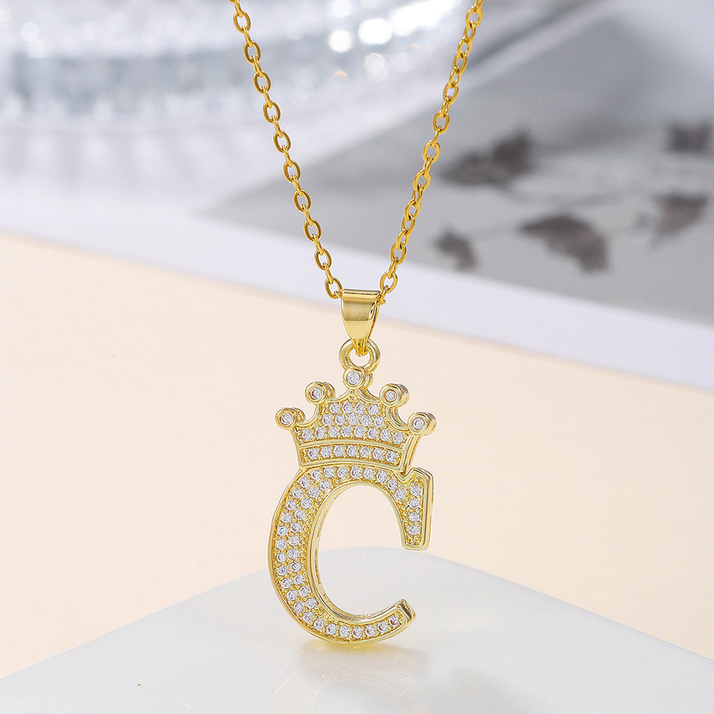1PCS Fashionable Gold Diamond Crown Uppercase Letter Popular Pendant Necklace Suitable For Daily Use Festivals Parties Gifts Jewelry Set Gronata