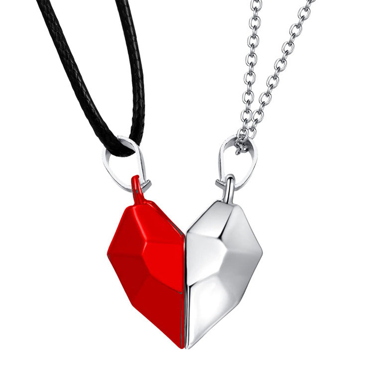 Attractive Wishing Stone Couple Pendant Necklace Ancient Love Token Heart-shaped Electrocardiogram Magnetic Heart Pendant Splicing Necklace Valentine's Day Gift Gronata