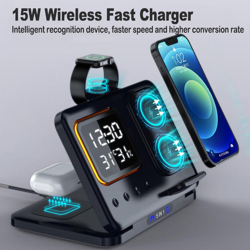 15W Wireless Chargers Stand 5 In1 LED Digital Alarm Clock Fast Charging Dock Station Gronata