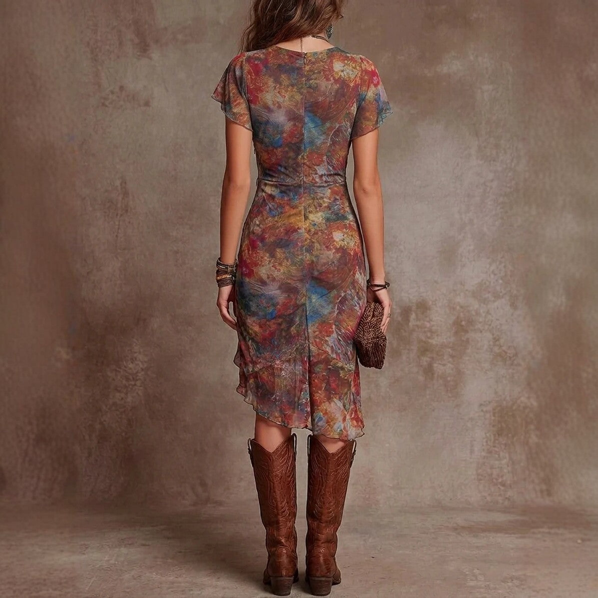 Womens Slim-fit Printed V-neck Defined-waist Dress Gronata