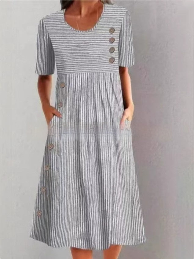 Printed Pocket Button Long Dress Gronata