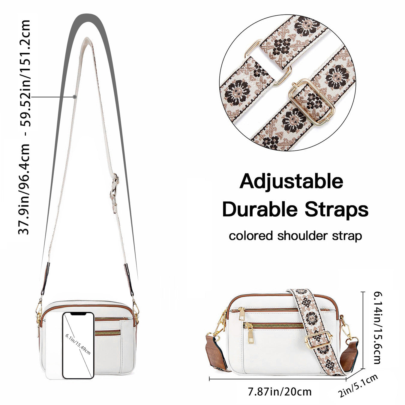 Triple-zipper Shoulder Bag With Floral Embroidered Straps Fashion Colorblock Multi-functional Crossbody Bags For Women Gronata