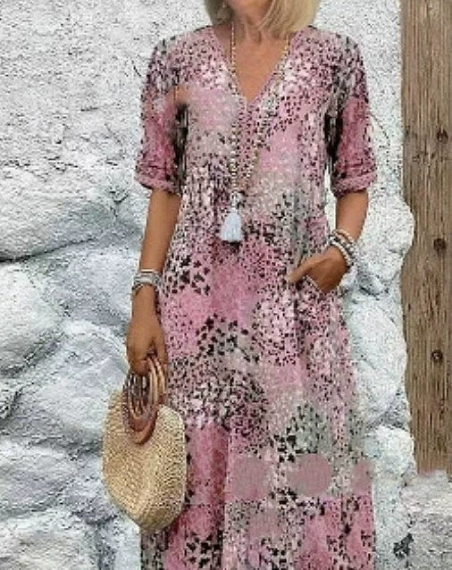 Summer V-neck Half-sleeved Dress With Pockets Fashion Ethnic Print Dresses Beach Holiday Clothing For Women Gronata