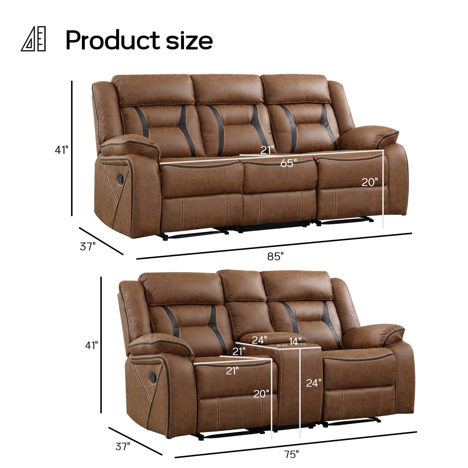 EBELLO Faux Leather Recliner Sofa Furniture Set for Living Room, 2 Recliner Chairs, 3 Seat Reclining Sofa Couch Set for Meeting Room, Brown Gronata