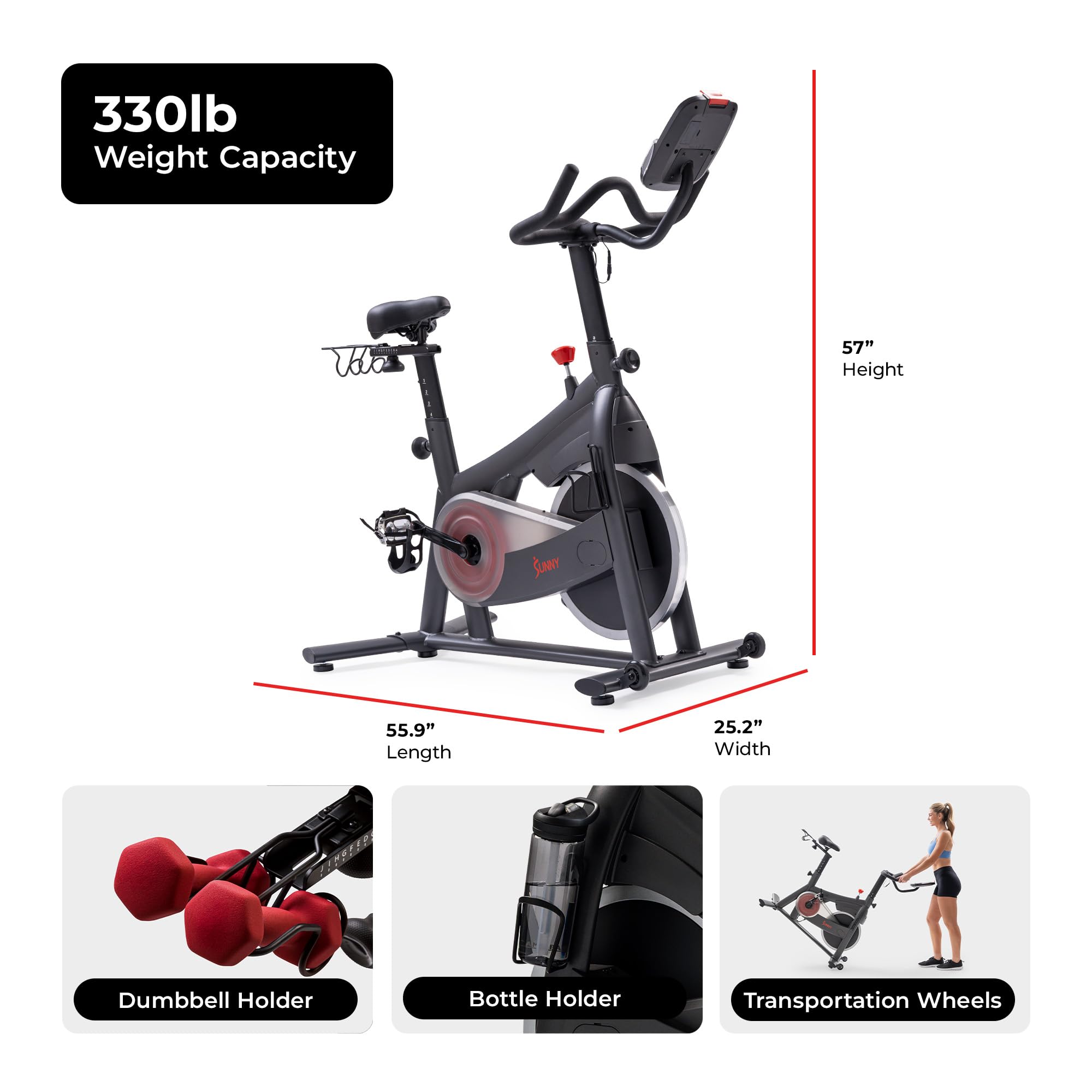 Sunny Health & Fitness Nova Smart Indoor Cycling Bike – Magnetic Resistance Exercise Bike with SunnyFit App, Quiet Belt Drive & Compact Home Cardio Bike for Beginners Gronata