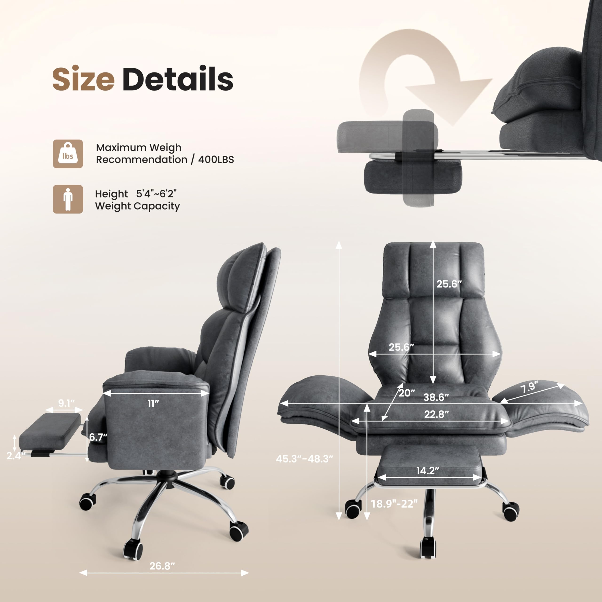 Big and Tall Office Chair, Flip Armrests for Pets & Cross Legged Sitting, Executive Ergonomic Computer Gaming Chair with Foot Rest, Teddy Fleece Wide Seat Reclining Desk Chair, White Vanity Chair Gronata