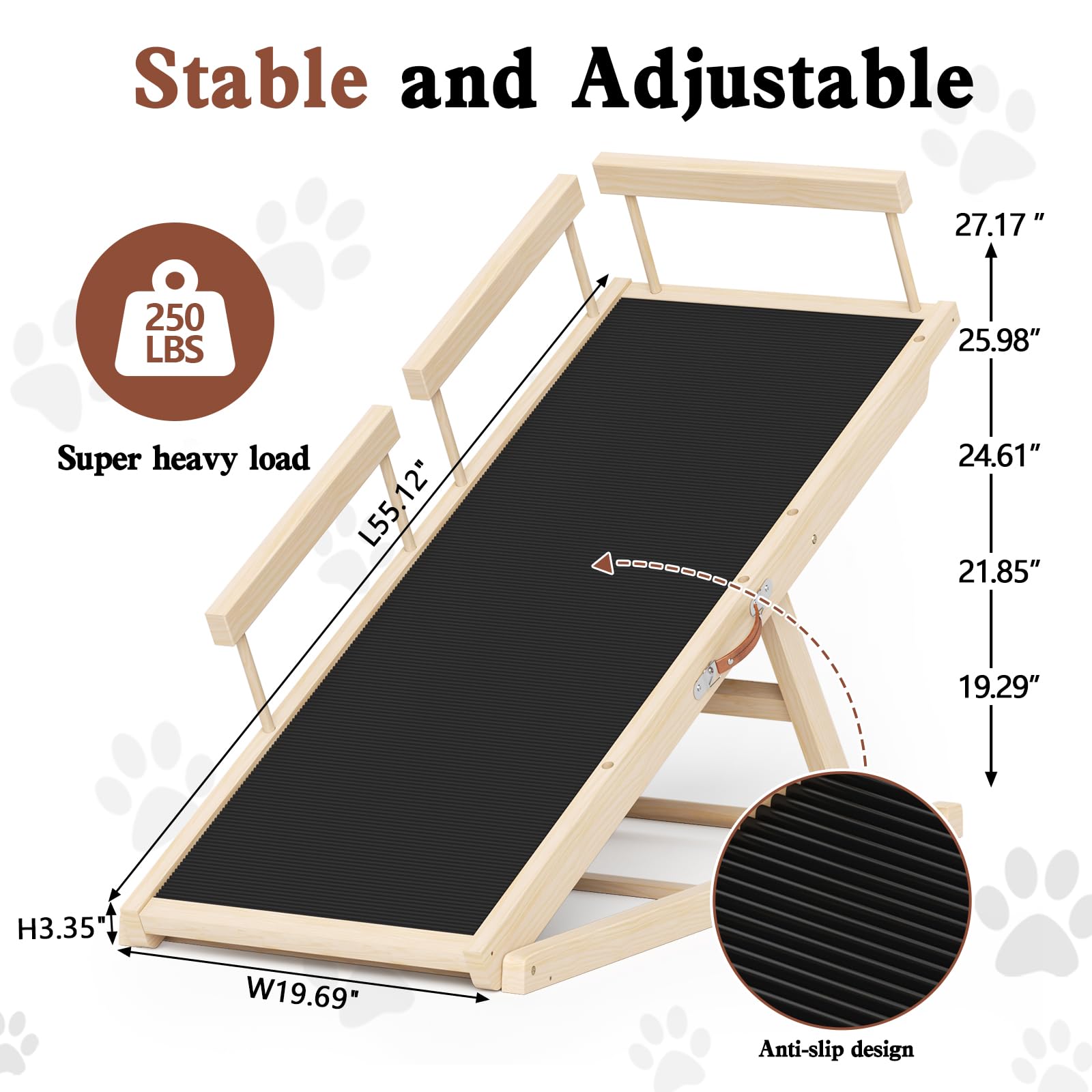 Chuiendi Dog Ramp for High Bed, Couch, Car, Pet Ramps 55.12" Long Adjustable 19.3"-27.17" Wooden Dog Step with Anti-slip Rubber Mat & Safety Side Rails for Small Medium Large Older Pets, up to 250 lbs Gronata