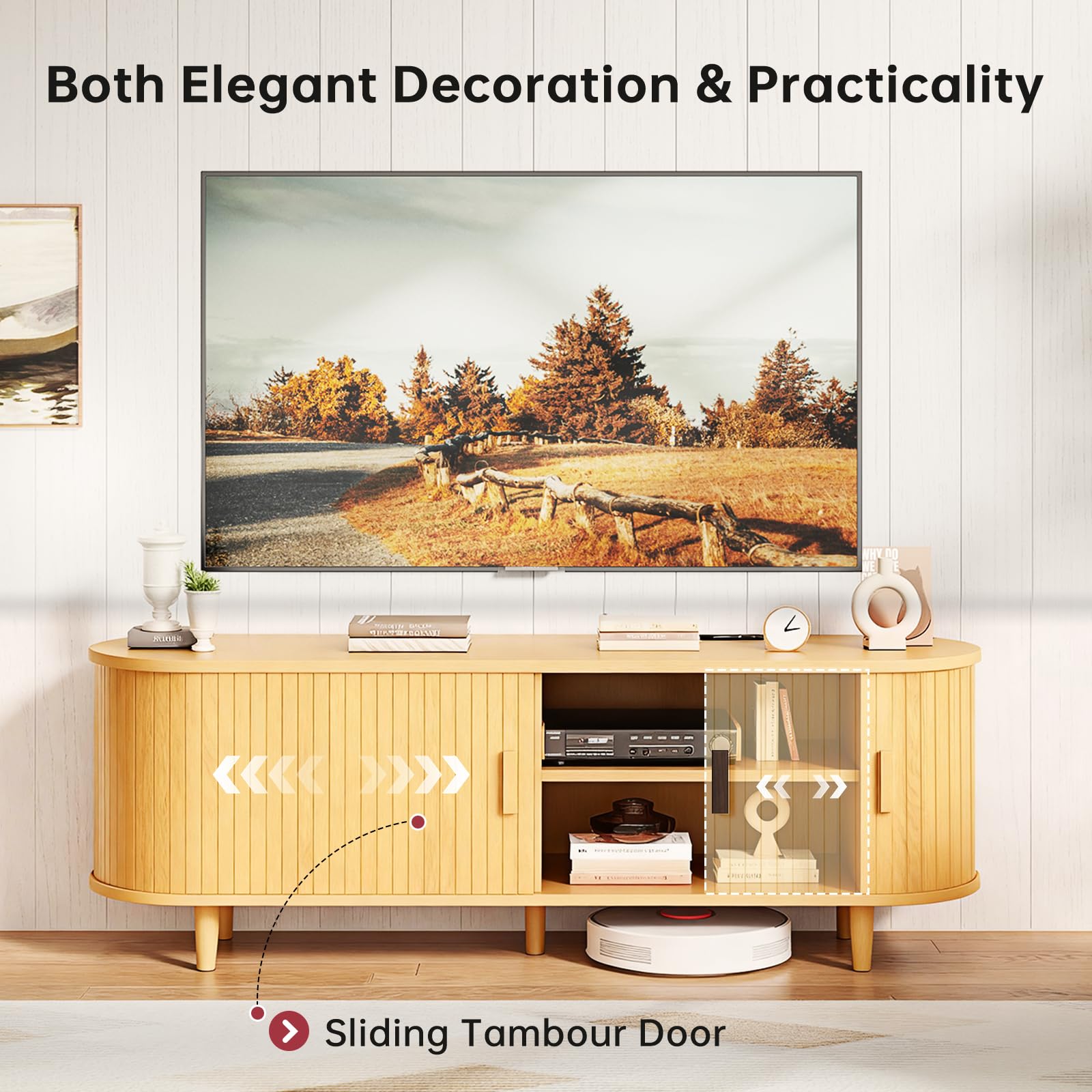 OneBlis 70" Mid Century Modern TV Stand, Wood TV Consoles with Sliding Doors and Power Outlet, Entertainment Center with Adjustable Shelves, Fluted TV Stands for Living Room, Walnut Gronata